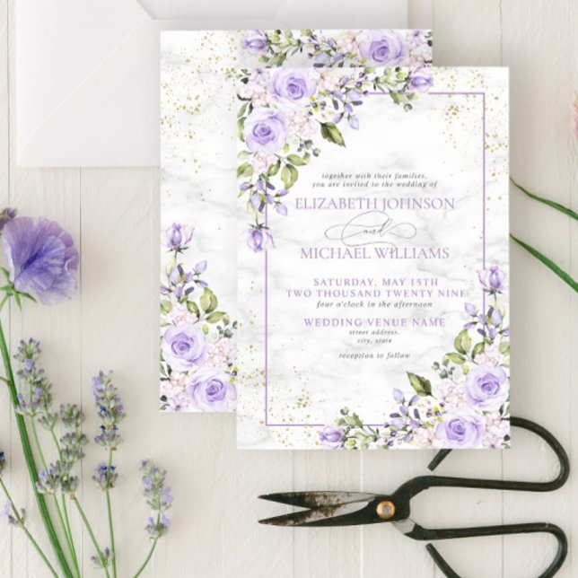 Formal Lilac Lavender Gold Marble Floral Wedding I Einladung (Von Creator hochgeladen)