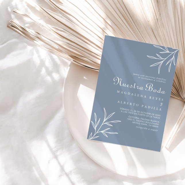 Formal Minimal Dusty Blue Nuestra Boda Wedding Einladung (Von Creator hochgeladen)