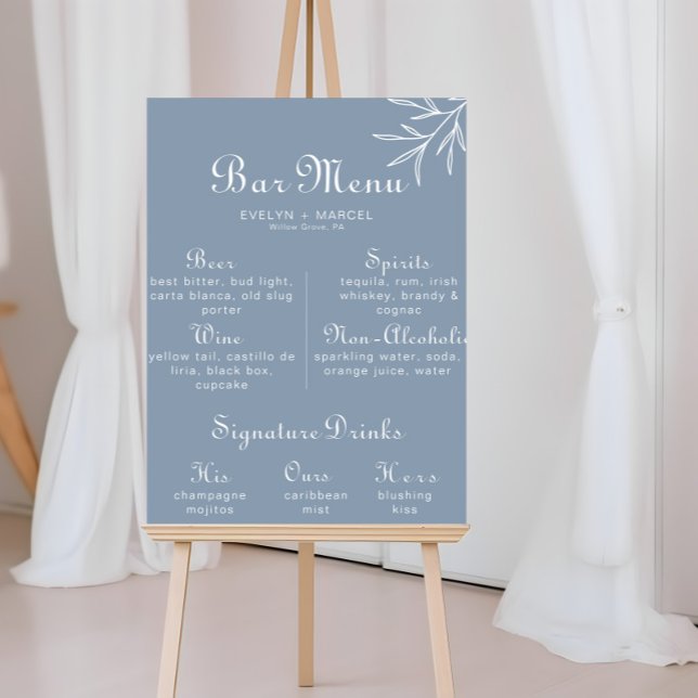 Formal Minimal Dusty Blue Wedding Bar Menu Poster (Von Creator hochgeladen)