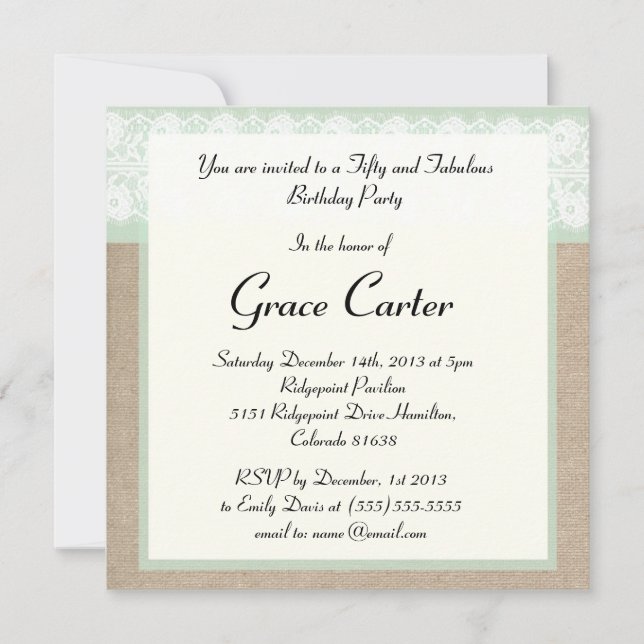 Formal Mint Burlap Lace Geburtstag Einladung (Vorderseite)