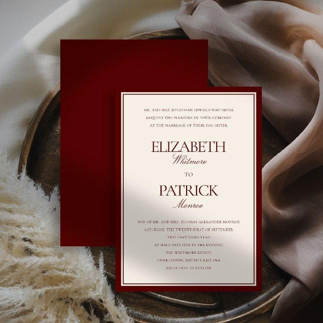 Formal Modern Classic Deep Burgundy Estate Wedding Einladung (deep burgundy wedding invitation quiet luxury old money double frame formal modern classic parents)