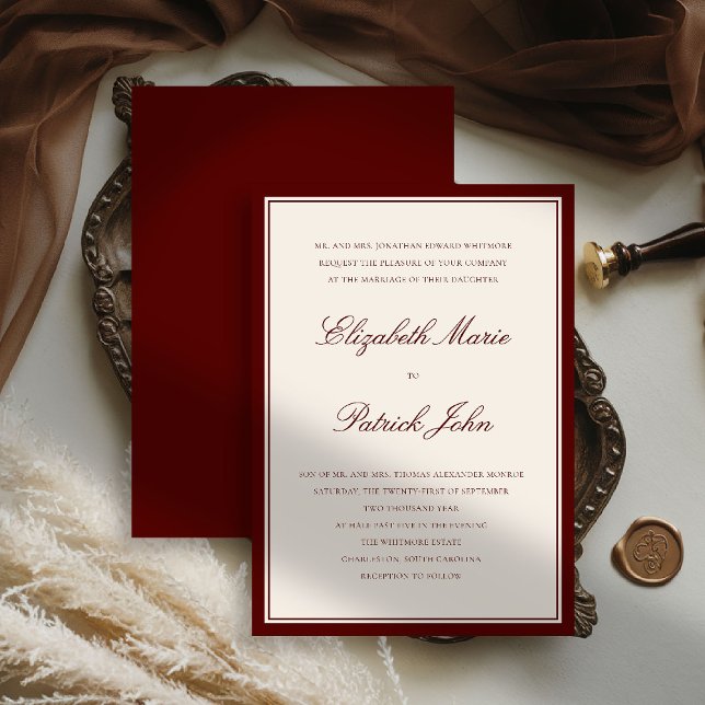 Formal Modern Classic Deep Burgundy Frame Wedding Einladung (deep burgundy wedding invitation quiet luxury old money double frame formal modern classic parents)