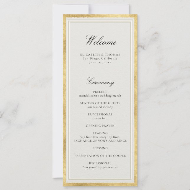 Formal Modern Classic Ecru Gold Wedding Program (Vorderseite)