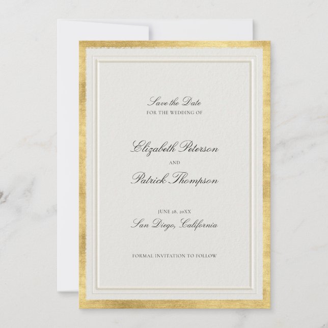 Formal Modern Classic Elevated Gold Ecru Wedding Save The Date (Vorderseite)