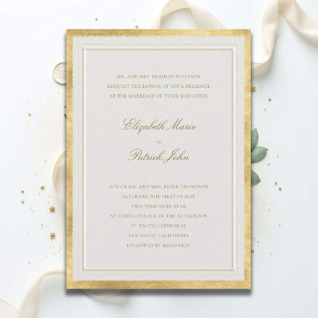 Formal Modern Classic Elevated Golden Ecru Wedding Einladung (formal traditional wedding invitation modern classic double frame gold ballroom black tie ecru)