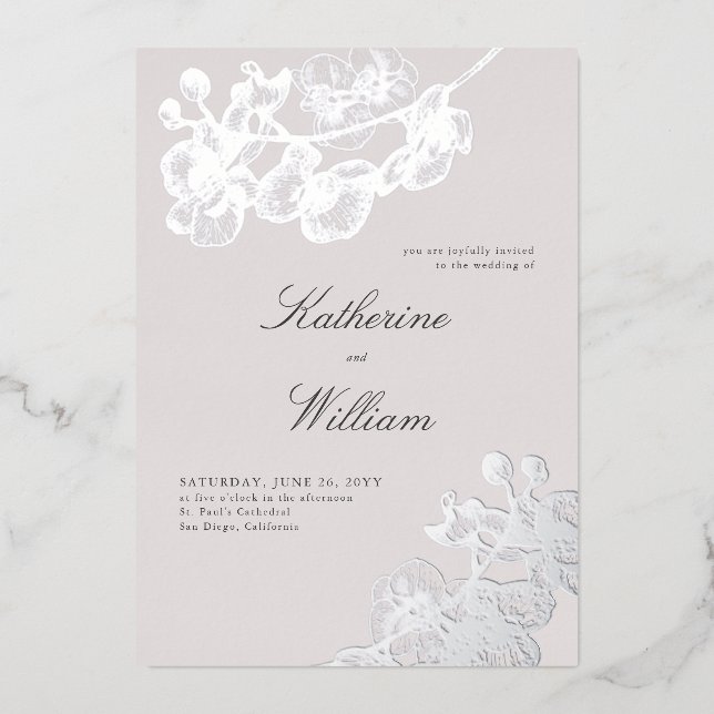 Formal Modern Classic Orchids Tux Wedding Silver Folieneinladung (Vorderseite)