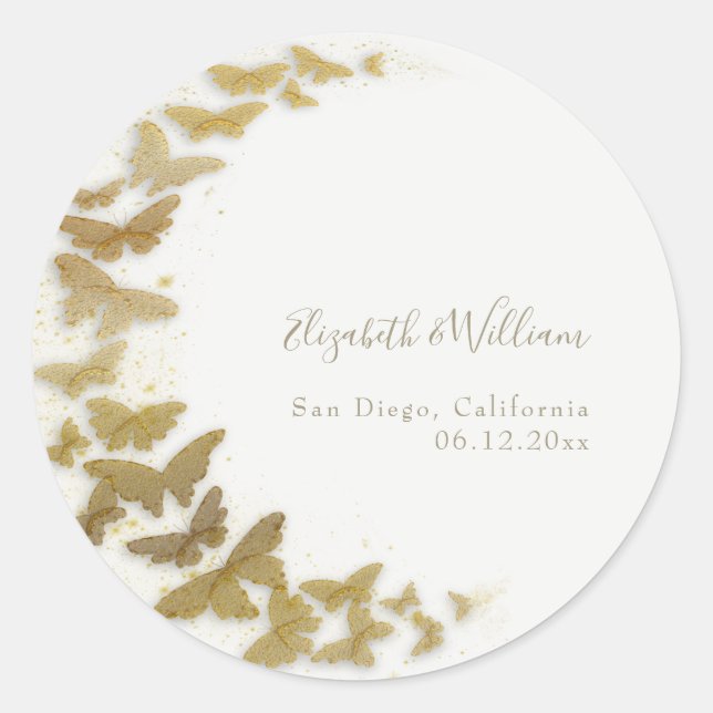 Formal Modern Classy Boho Gold Butterfly Wedding Runder Aufkleber (Vorderseite)