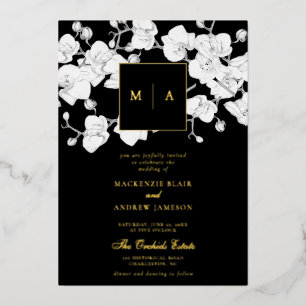 Formal Modern Orchid Wreath Monogram Black Wedding Folieneinladung