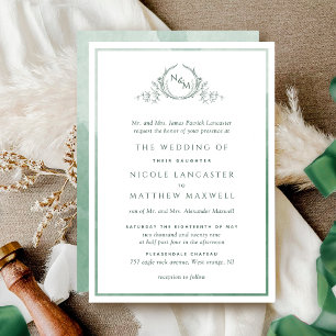 Formal Mongram Green Watercolor Wedding Einladung