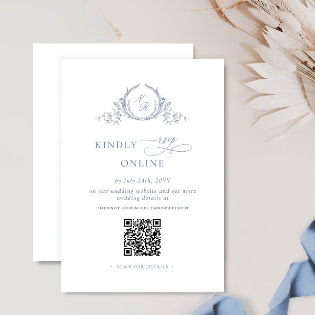 Formal Monogram Dusty Blue QR Code Wedding RSVP Begleitkarte (Von Creator hochgeladen)