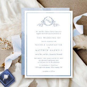 Formal Monogram Dusty Blue Watercolor Wedding Einladung