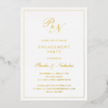 Formal Monogram Elegante Engagement Party Gold Folieneinladung<br><div class="desc">Classy Engagement Party Einladung mit einem einfachen Design mit Ihren beiden ersten Monogramm und Ihren Namen in einer eleganten Kalligraphie innerhalb eines dünnen Randes. Alle Designelemente sind in realer Goldfolie. Dieses klassische Design eignet sich perfekt für eine formelle Verlobungsfeier.</div>