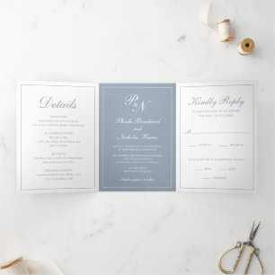 Formal Monogram Foto Dusty Blue Elegant Wedding Dreifach Gefaltete Einladung