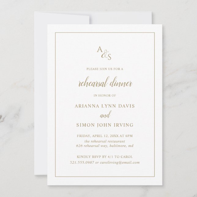 Formal Monogram Gold Probe Dinner Einladung (Vorderseite)