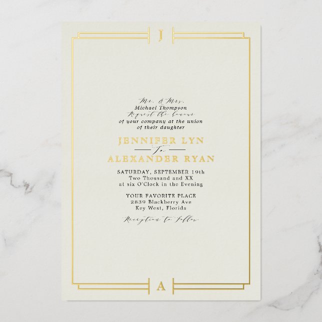 Formal Monogram UAWG QR Code Wedding Gold Folieneinladung (Vorderseite)