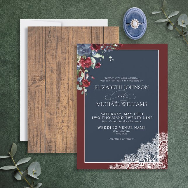 Formal Navy Blue Burgundy Wood Script Hochzeit Einladung (Von Creator hochgeladen)