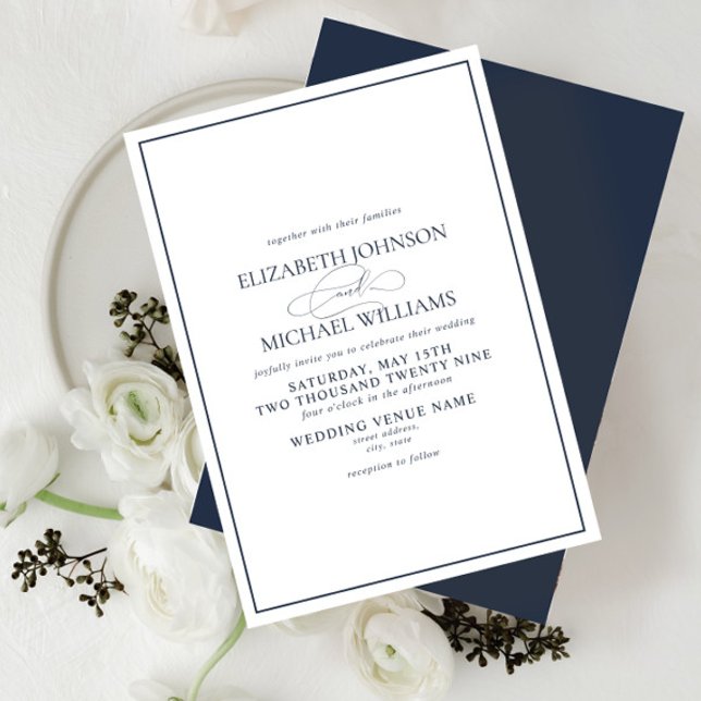 Formal Navy Blue Classic Script Hochzeit Einladung (Von Creator hochgeladen)