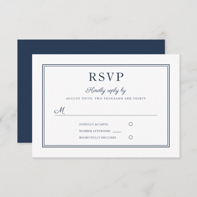 Formal Navy Blue Script Wedding RSVP Card (Vorne/Hinten)