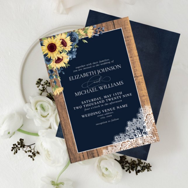 Formal Navy Blue Sunflower Spitzen Skript Hochzeit Einladung (Von Creator hochgeladen)