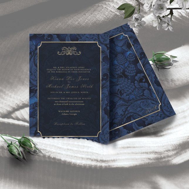 Formal Paisley Wedding Navy Blue ID767 Einladung (Von Creator hochgeladen)