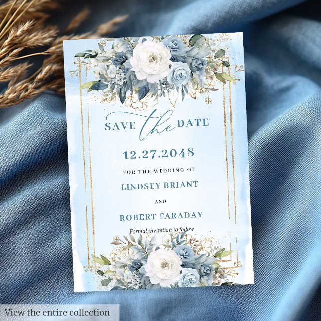 Formal Pastel Blue White Gold Floral Save the Date Einladung (Formal Pastel Blue White Gold Floral Save The Date)