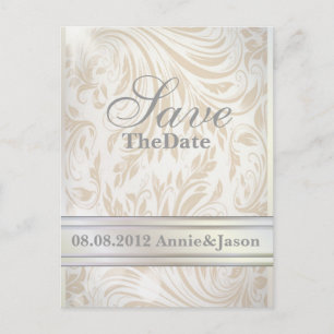 Formal Pearl White Damask Wedding Save the Date Ankündigungspostkarte