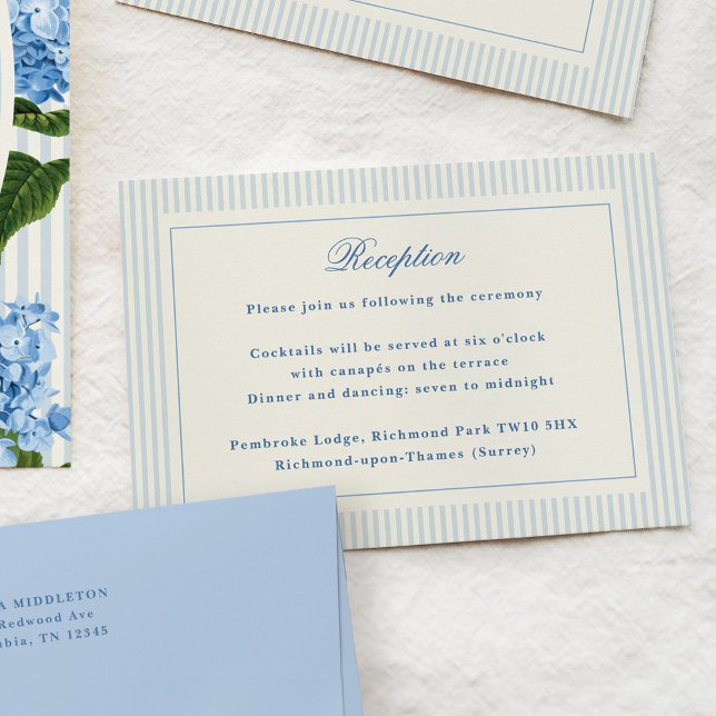 Formal Preppy French Blue Stripes Empfang Begleitkarte (classic blue stripes wedding reception card)