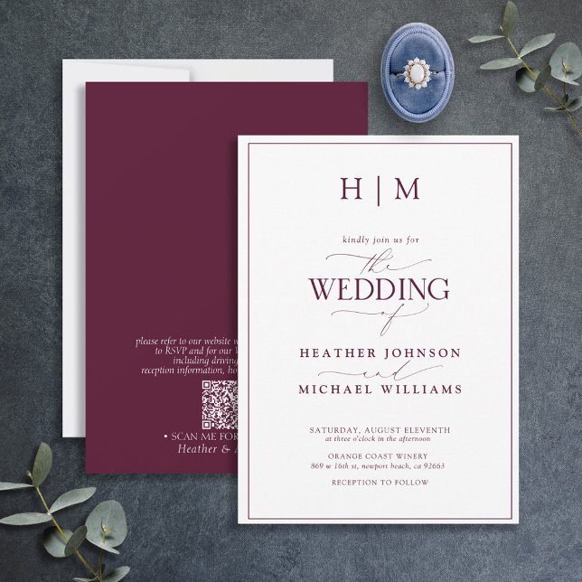 Formal QR Code Burgundy Monogram Script Hochzeit Einladung (Von Creator hochgeladen)