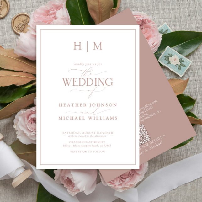 Formal QR Code Dusty Rose Monogram Script Hochzeit Einladung (Von Creator hochgeladen)