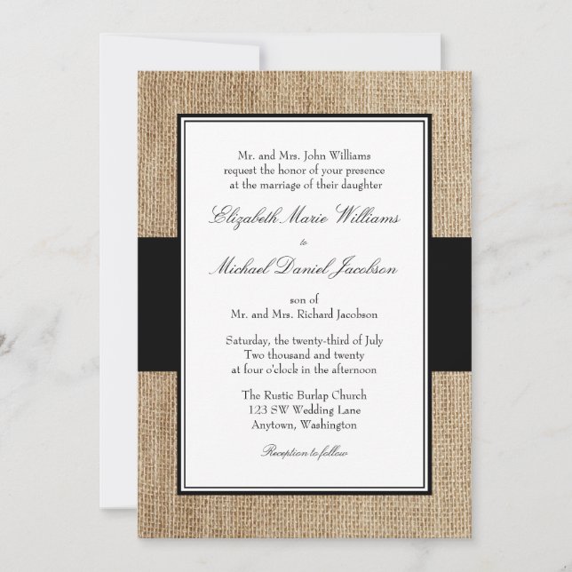 Formal Rustic Burlap Black Wedding Einladungen (Vorderseite)