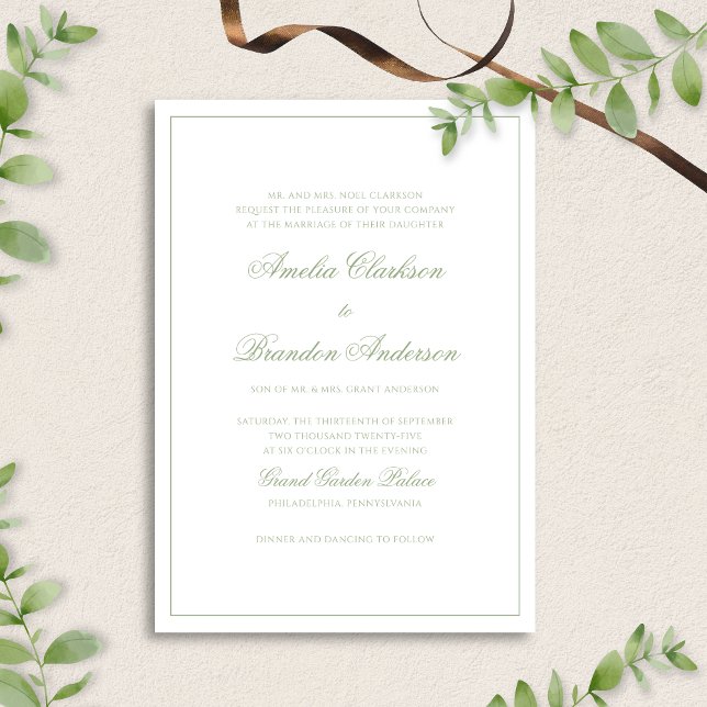 Formal Sage Green & White Border Script Wedding Einladung (Von Creator hochgeladen)