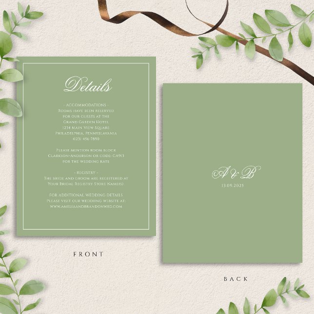 Formal Sage Green & White Monogram Wedding Details Begleitkarte (Von Creator hochgeladen)