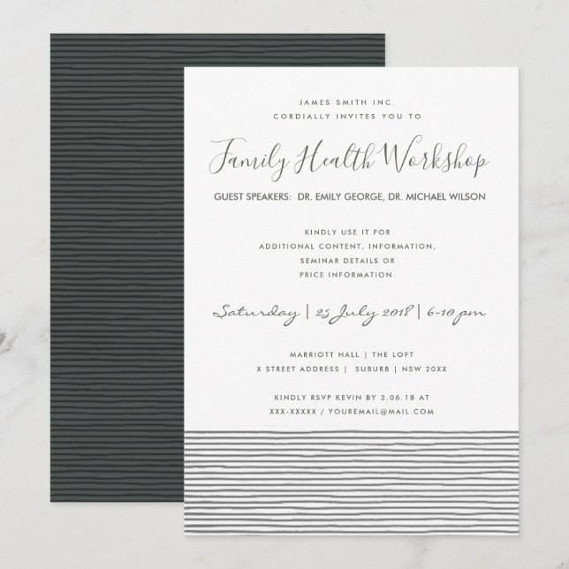 FORMAL SCHWARZ-WEISS STRIPE LINE WORKSHOP EINLADUNG (Vorne/Hinten)