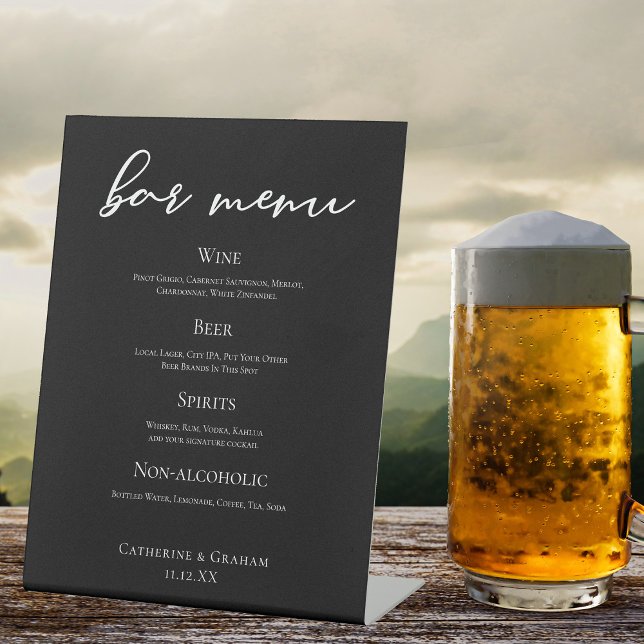 Formal Schwarz-weißes Skriptchic Wedding Bar Menu Sockelschild (Von Creator hochgeladen)