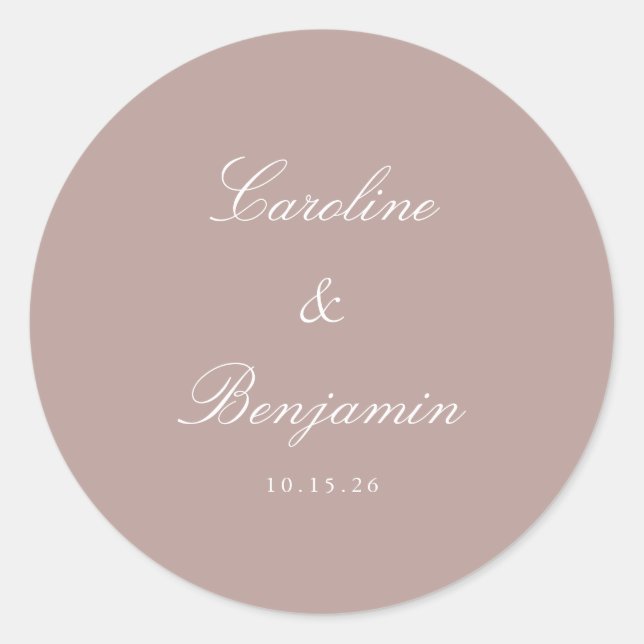 Formal Script Elegant Wedding Custom Dusty Mauve Runder Aufkleber (Vorderseite)