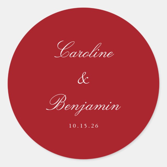Formal Script Elegant Wedding Custom Red Runder Aufkleber (Vorderseite)