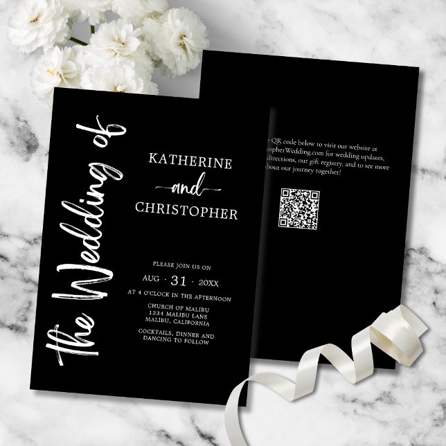 Formal Script Schwarz-weiß Elegante Hochzeit Einladung (Elegant Bold Script Black & White Wedding Invitation with vertical calligraphy, QR code.)