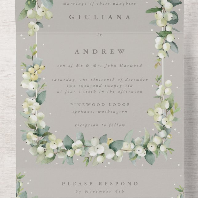 Formal Taupe Snowberry+Eukalyptus Winter Wedding All In One Einladung (Innen Mitte)