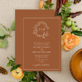 Formal Terracotta Leafy Wappen Monogram Wedding Einladung