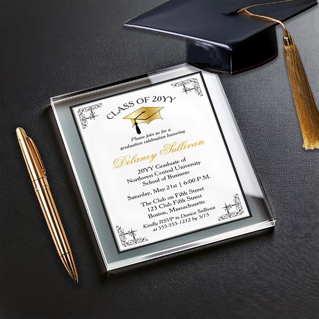 Formal Uni-Abschluß Party Imitats Gold Acryleinladungen (Elegant Formal College Graduation Party Faux Gold, Black and White Acrylic Invitations)