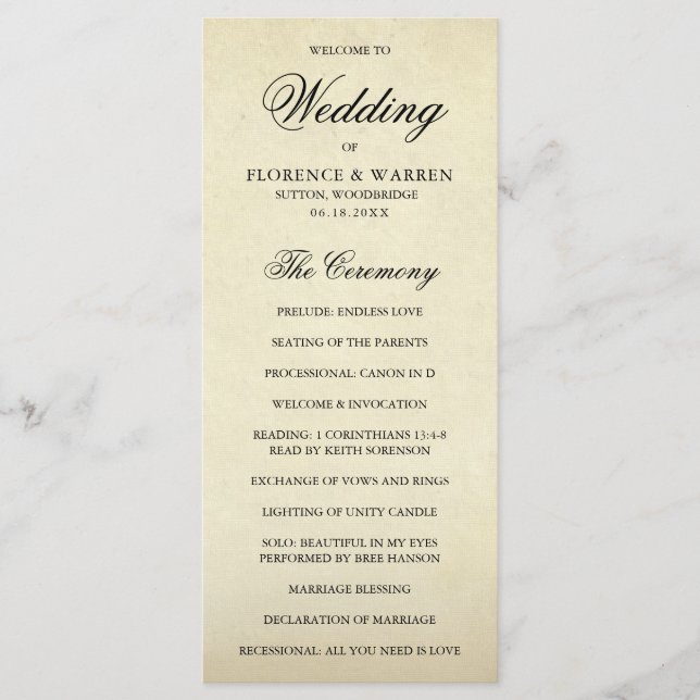 Formal Vintage Wedding Programm (Vorderseite)