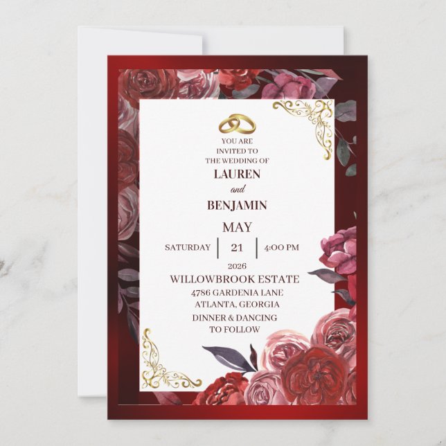 Formal wedding invitation in red and gold einladung (Vorderseite)