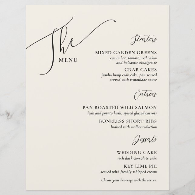 Formal Wedding Menu Elegantes Bone Black (Vorderseite)