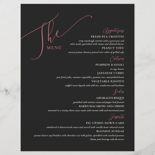 Formal Wedding Menu Elegantes Schwarzes Magenta (Vorderseite)