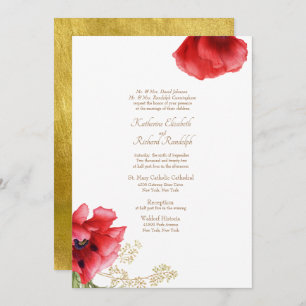 Formal Wedding Red Floral & Metallic Gold Einladung