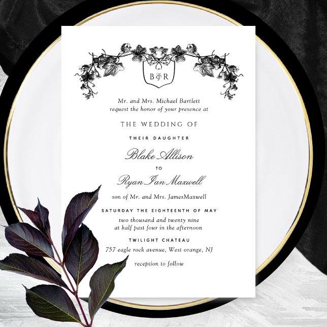Formal White and Black Enchanted Monogram Wedding Einladung (Von Creator hochgeladen)
