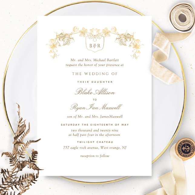 Formal White and Gold verzauberte Monogram Wedding Einladung (Von Creator hochgeladen)