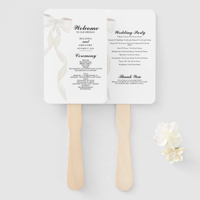 Formal White Bow Ribbon Elegant Wedding Program Fächer (Vorne und Hinten)
