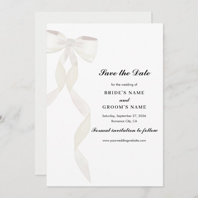 Formal White Bow Ribbon Elegante Hochzeit Save The Date (Vorne/Hinten)