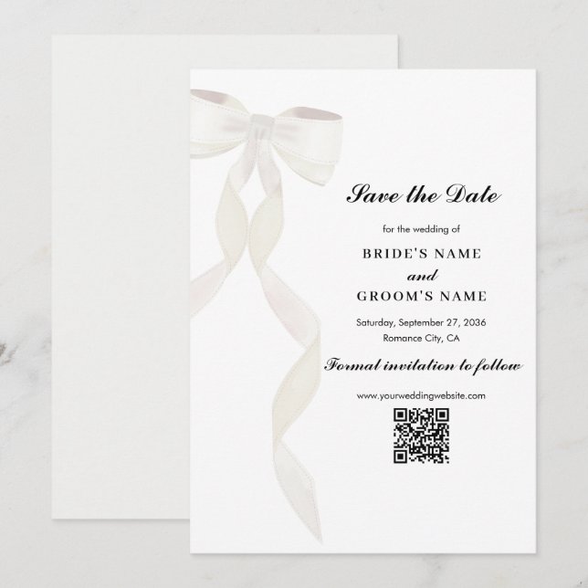 Formal White Bow Ribbon Elegante Hochzeit Save The Date (Vorne/Hinten)